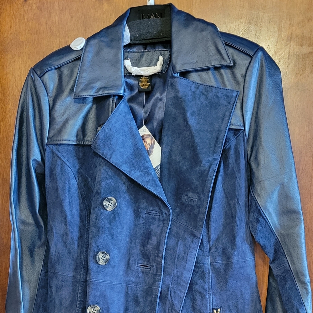 Iman Blue Leather Trench Coat